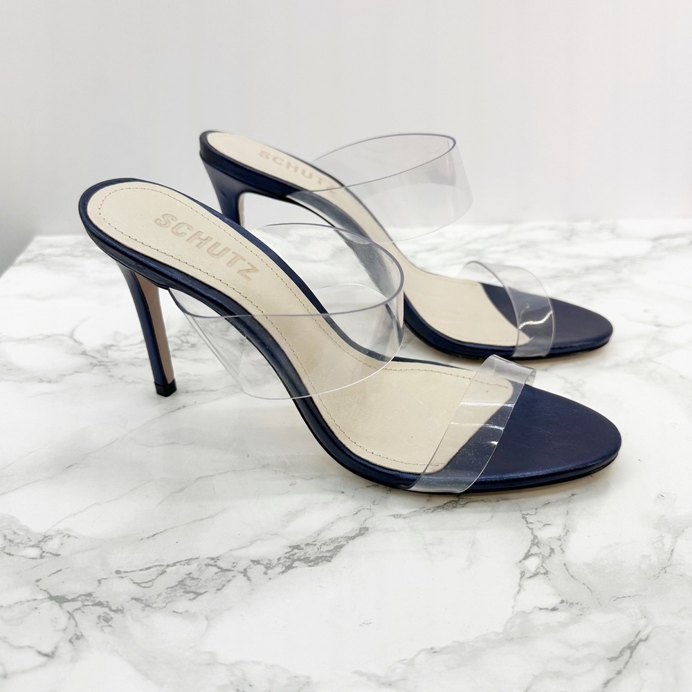 Schutz Ariella Mule Women 7B Navy Blue Clear Double Strap Stiletto Heel Party - Picture 4 of 6